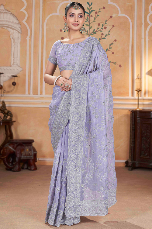 Light Purple Tissue Saree With Dori Work For Diwali