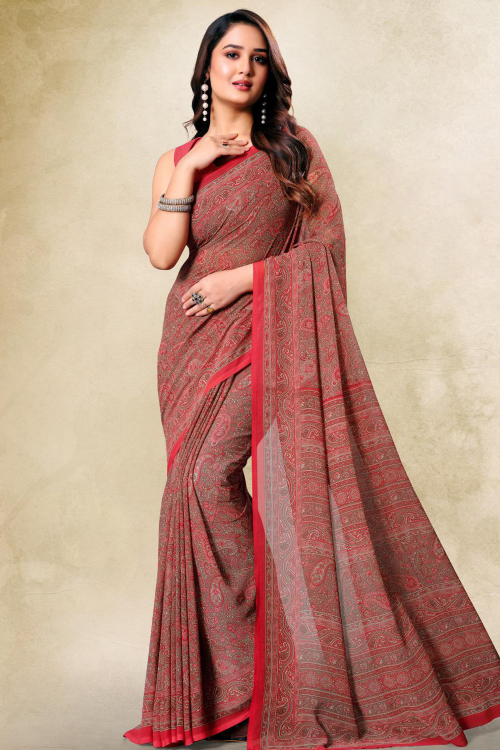 Light Red Chiffon Printed Saree For Casual Wear
