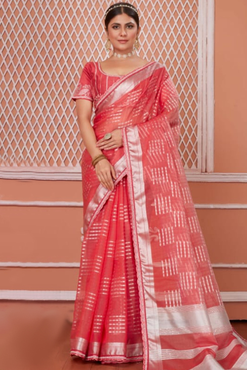 Light Red Organza Woven Zari Light Weight Saree 