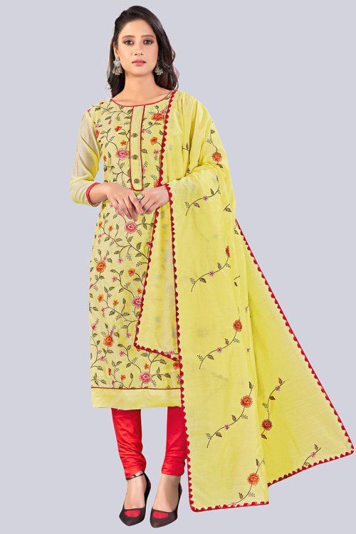 Light Yellow Chanderi Straight Cut Churidar Suit