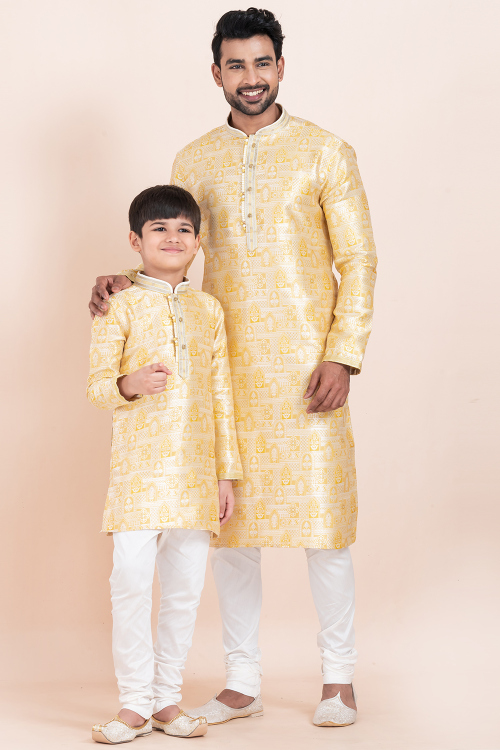 Light Yellow Embroidered Silk Blend Men&#039;s Kurta Churidar For Festival