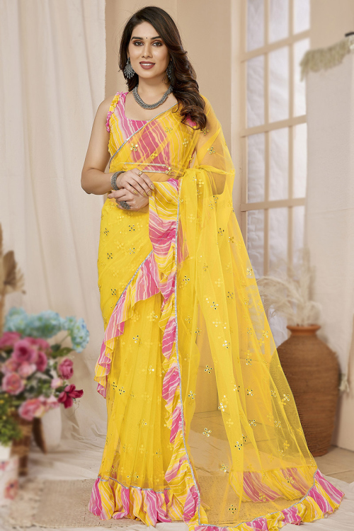Light Yellow Net Embroidered Light Weight Saree