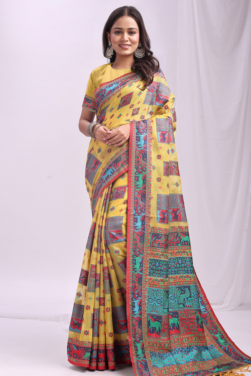 Light Yellow Saree With Weaved Thread Work