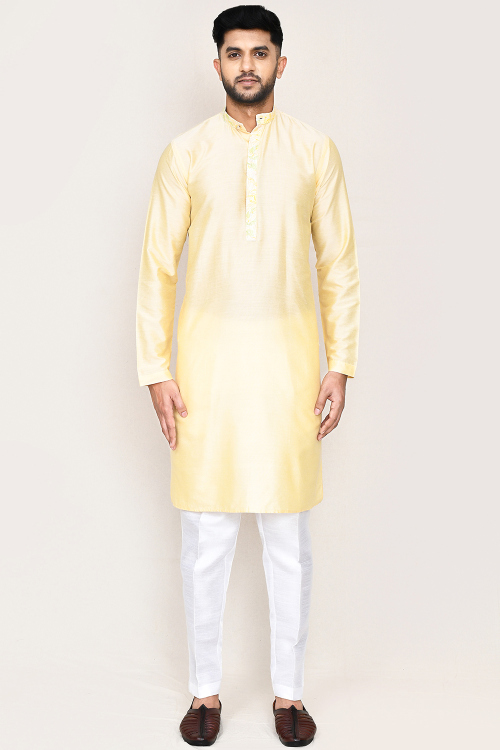 Light Yellow Silk Blend Embroidered Straight Cut Men&#039;s Kurta Pajama