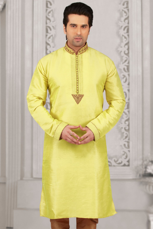Light Yellow Silk Kurta Pajama with Dori Work for Diwali 