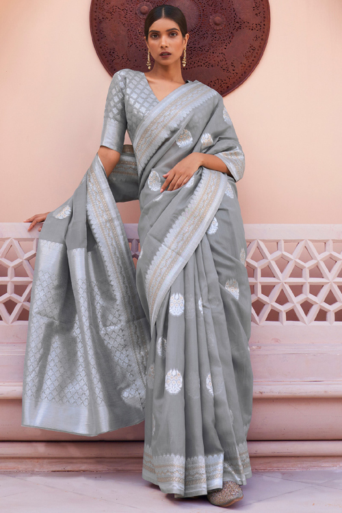 Linen Grey Woven Zari Broad Border Saree 