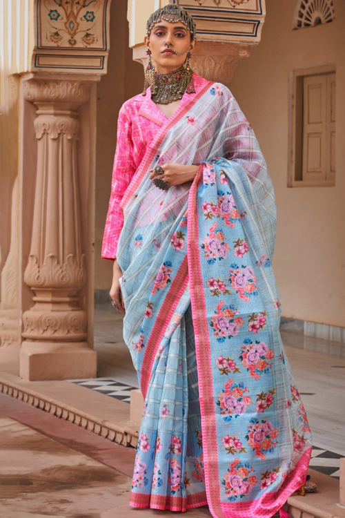 Linen Light Blue Printed Casual Wear Saree 