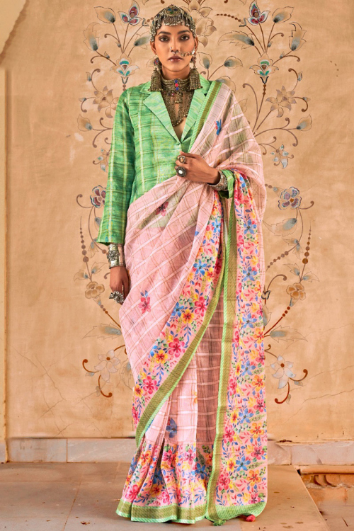 Linen Pink Printed Casual Saree With Light Pink Blouse