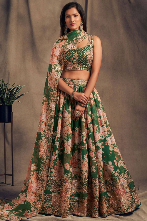 Sequins Embroidered Georgette Green Lehenga for Wedding & Party