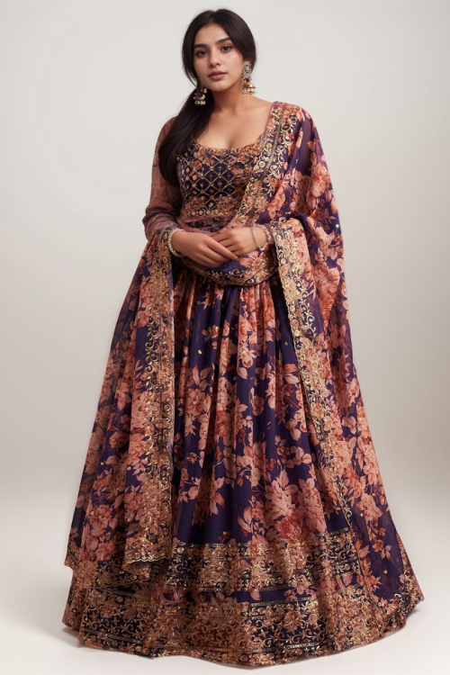 Purple Plus Size Georgette Printed Wedding Lehenga
