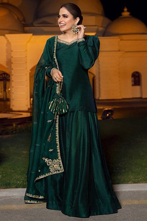 Green Silk Pakistani Party Wear Wedding Lehenga