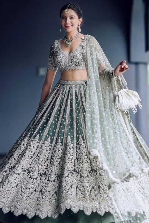 Teal Green Net Embroidered Lehenga for Wedding & Party