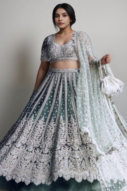 Teal Green Net Embroidered Plus Size Lehenga for Wedding & Party