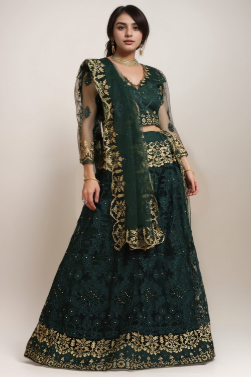 Embroidered Plus Size Net Dark Green Lehenga
