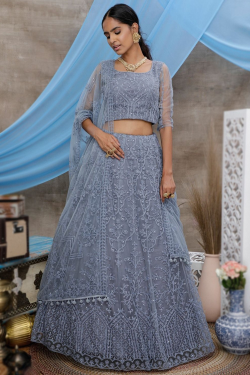 Embroidered Dusty Blue Net Panelled Wedding Lehenga