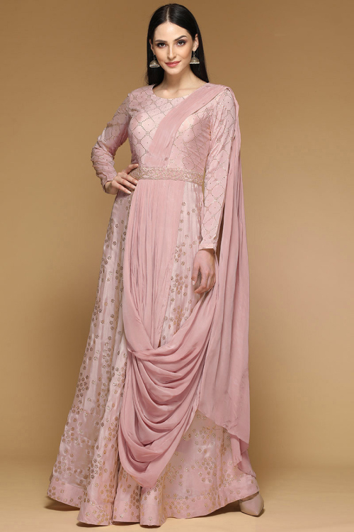 Wedding Wear Silk Anarkali Gown In Dusty Pink Color