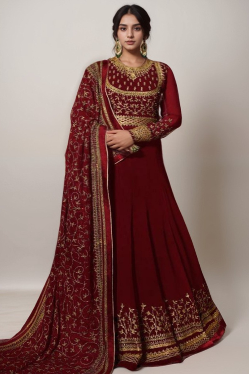 Resham Embroidered Georgette Burgundy Maroon Plus Size Anarkali Suit