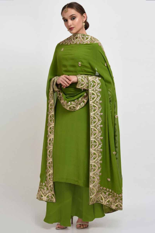 Green Silk Zari Embroidered Indian Palazzo Pant Salwar Kameez