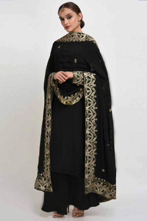 Black Silk Zari Embroidered Palazzo Pant Suit