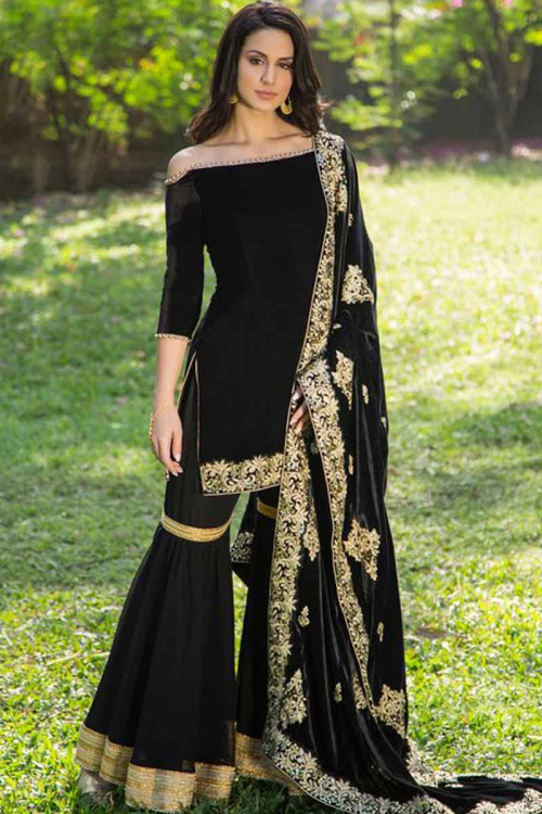 Black Velvet Sharara Pant Suit With Resham Work for Wedding & Party
