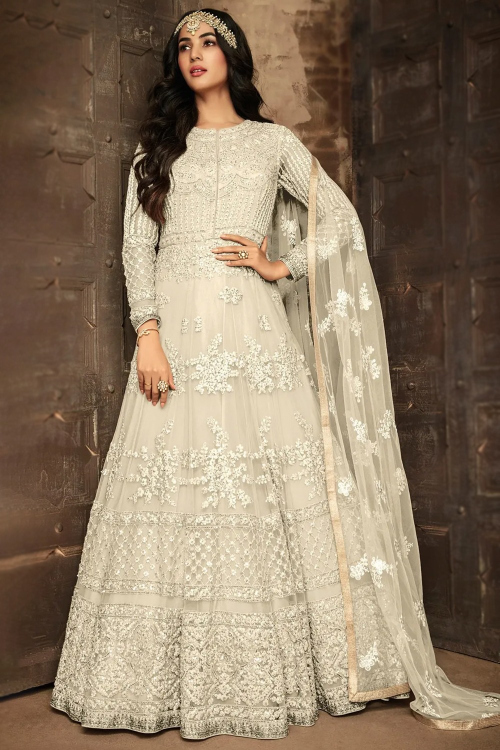 Ivory Net Anarkali Suit With Zari Work for Wedding & Party