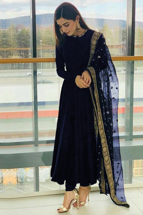 Maya Ali Dark Blue Georgette Wedding Anarkali Suit With Zari Work