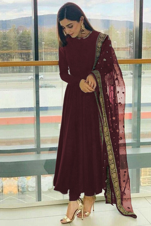 Maya Ali Dark Maroon Georgette Wedding Anarkali Suit With Zari Work
