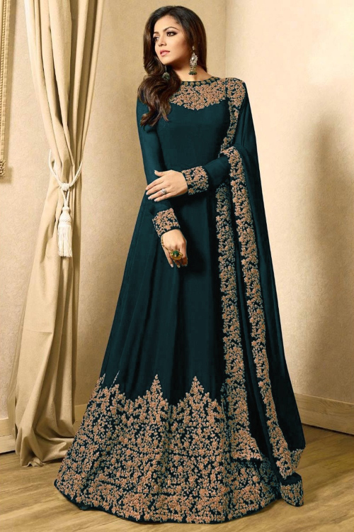 Georgette Dark Teal Blue Eid Anarkali Suit With Copper Dori Work