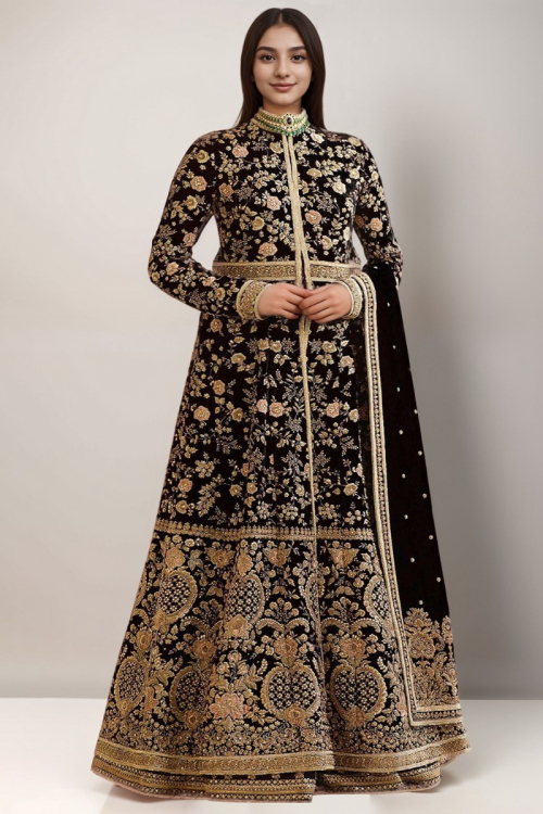 Black Velvet Plus Size Embroidered Anarkali Suit with Skirt