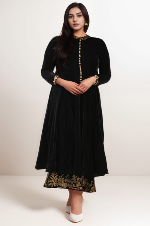 Embroidered Velvet Plus Size Wedding Anarkali Suit In Black Colour