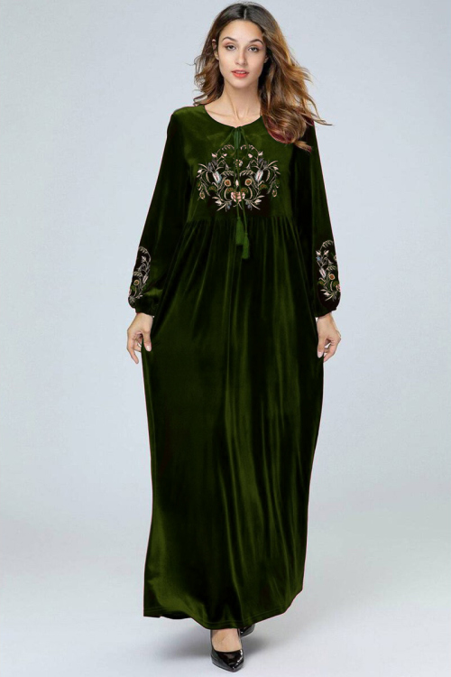 Embroidered Velvet Modest Gown In Dark Olive Green Colour