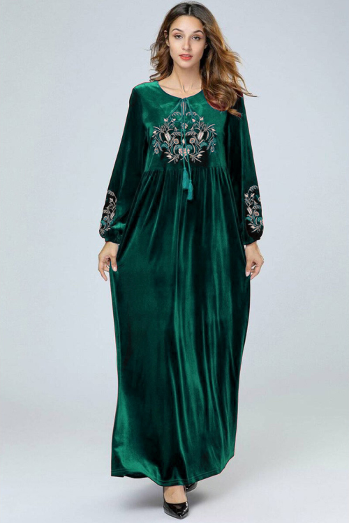 Embroidered Velvet Modest Gown In Teal Green Colour