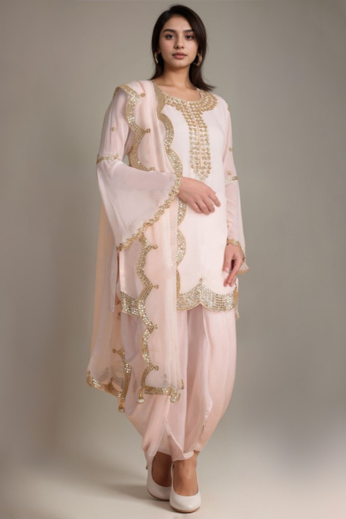 Pale Pink Plus Size Silk Dhoti Pant Suit for Wedding With Zari Work