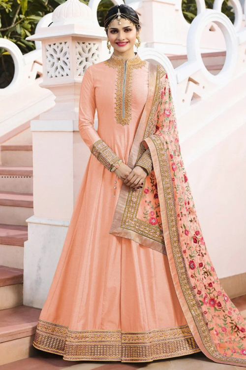Banglori Silk Wedding Anarkali Suit In Pale Pink Color