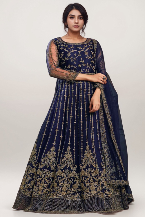 Navy Blue Net Frock Style Plus Size Anarkali Suit