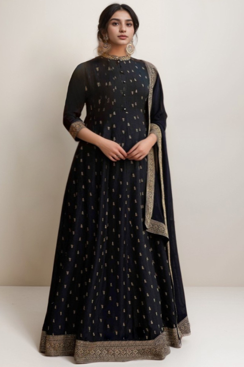 Black Silk Plus Size Anarkali Suit With Zari Embroidered