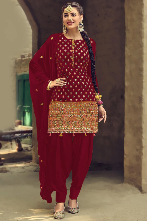 Chilly Red Georgette Straight Cut Patiala Bridal Salwar Kameez