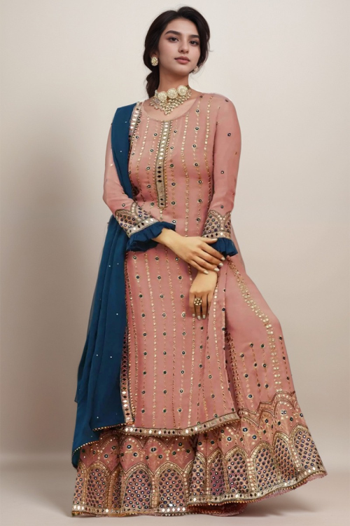 Dusty Pink Plus Size Georgette Straight Cut Wedding Sharara Suit