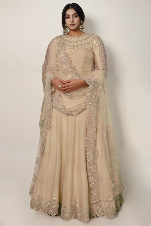 Dark Beige Dupion Silk Wedding Plus Size Anarkali Suit With Churidar