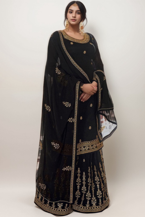 Zari Embroidered Georgette Black Plus Size Pakistani Sharara Suit
