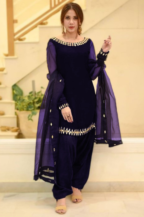 Dark Purple Net Embroidered Straight Cut Patiala Suit