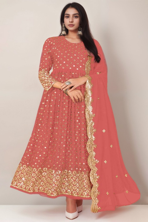 Thread Embroidered Plus Size Georgette Salmon Orange Anarkali Suit