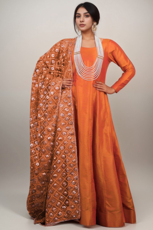 Orange Silk Embroidered Plus Size Wedding And Wedding Anarkali Suit