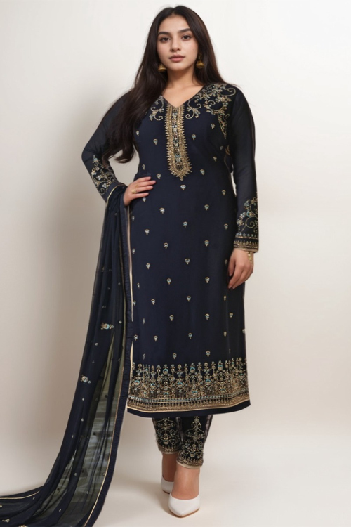 Trouser Suit in Georgette Plus Size Navy Blue with Zari Work for Wedding Party