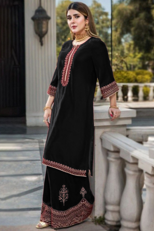 Black Zari Embroidered Velvet Pakistani Sharara Suit