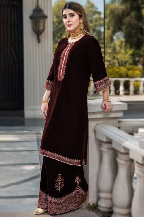 Wine Maroon Zari Embroidered Velvet Pakistani Sharara Suit