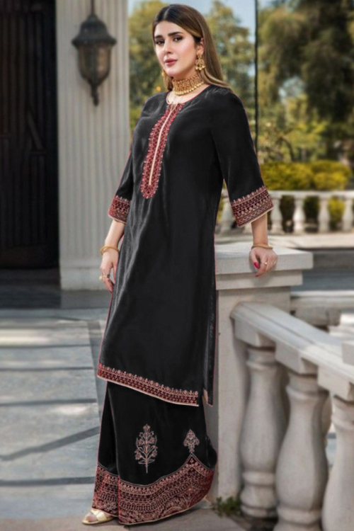 Dark Grey Zari Embroidered Velvet Pakistani Sharara Suit