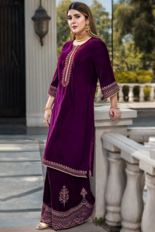 Dark Purple Zari Embroidered Velvet Pakistani Sharara Suit