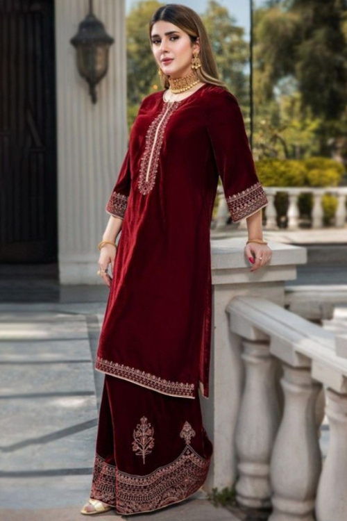Deep Red Zari Embroidered Velvet Pakistani Sharara Suit