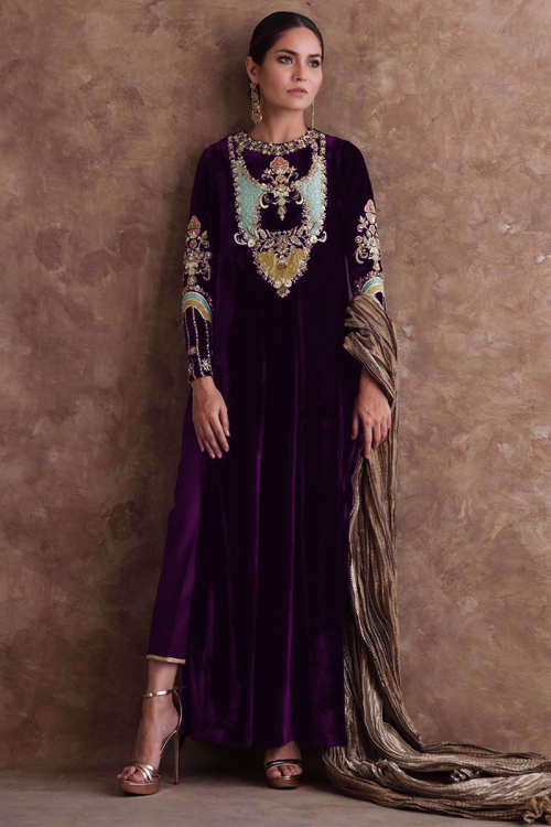 Dark Violet Velvet Embroidered Trouser Suit